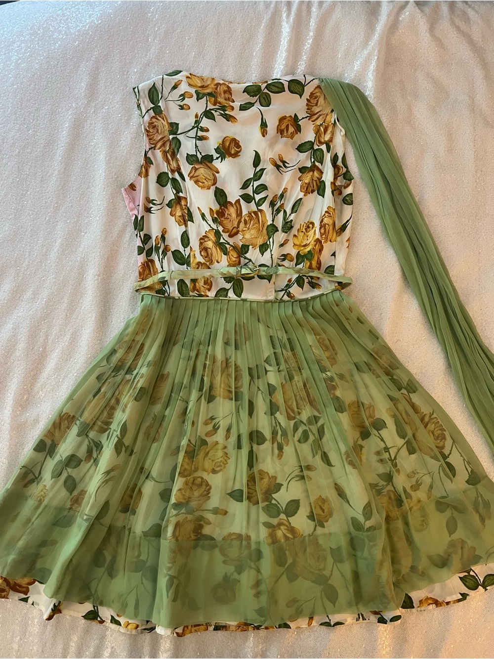 Vintage 1950s Yellow Rose Floral Cocktail Fit and Flare Dress with Green Chiffon